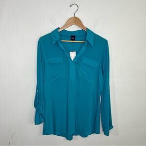 BLUE Saks Fifth Avenue Turquoise V Neck Blouse Top NWT Size Large